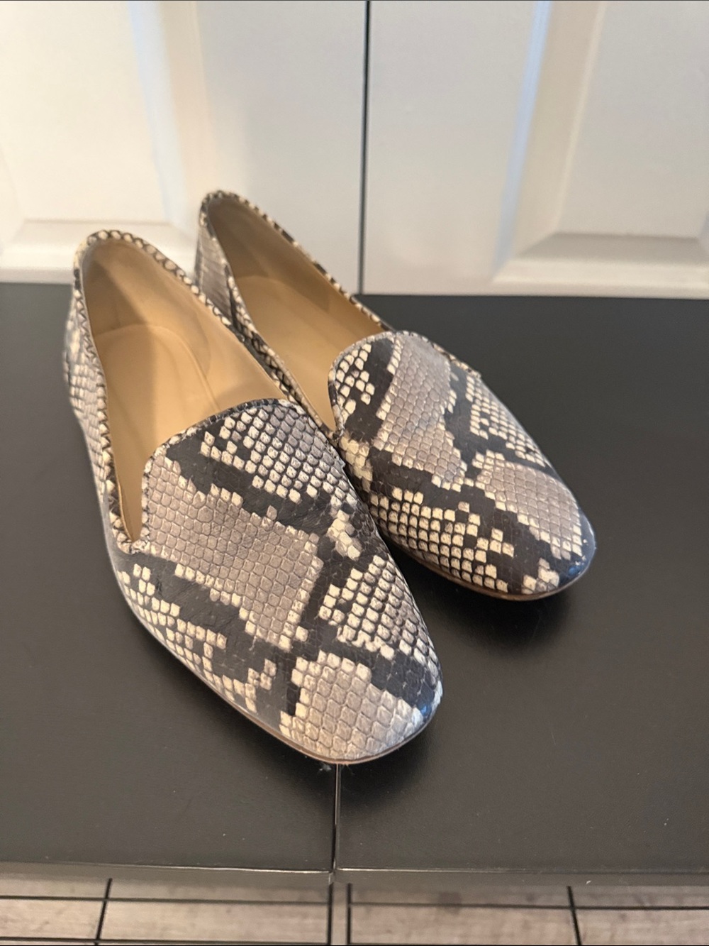 J. Crew Snake-Print Loafers in Black and Gray